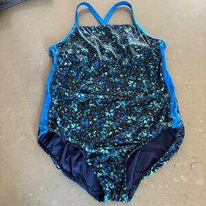 Lands' End Women Swimsuit Size 14 One Piece Blue Black‎ Floral Crossback